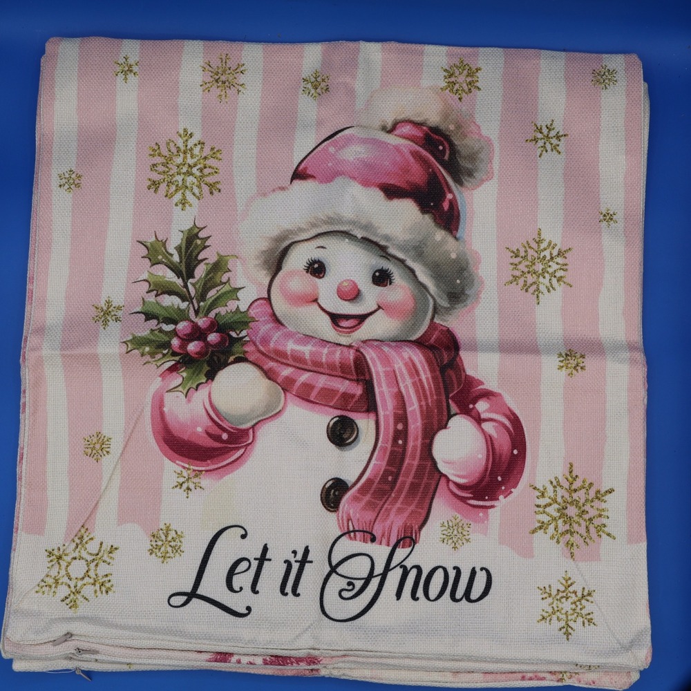 Christmas Pillow Cover Set‎ Snowflake Snowman Santa Poinsettia Wreath Pink